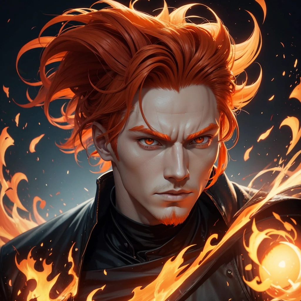a close-up of a man with orange hair and a white face, digitl art inspired by Yanjun Cheng, zbrush central contest winner, digitl art, handsome guy in demon slayer art, mane of fire and flames, fire hair, digitl art detalhada de anime, flaming hair, fantasy male portrait, gorgeous digitl art, cute digital painting, stunning digital illustration
