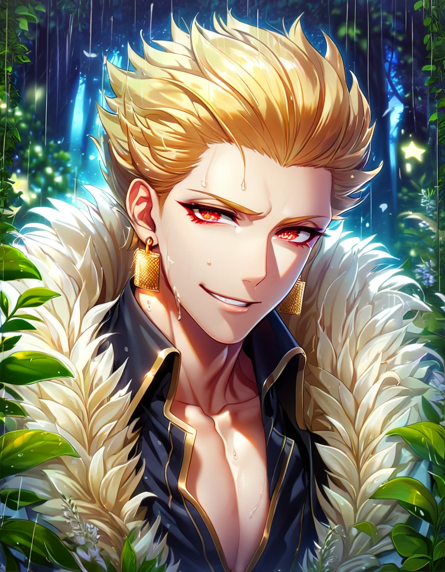 absurdres, highres, ultra detailed, HDR, master piece, best quality, extremely detailed, detailed eyes, detailed face, Gilgamesh, blonde hair, hair slicked up, ruffled hair, golden earrings, expressive red eyes, Fate Stay Night, solo, sexy man, handsome, horny, lewd, smirk, wet, white coat with fur, black shirt, spring, flowers, green leaves, magical forest, dark fantasy, rain, night