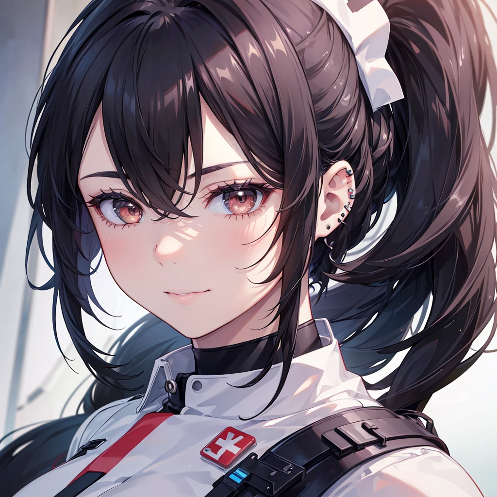 a nurse aide with ponytail dark hair, piercing gaze, and a stern expression, full body view, high resolution, detailed, anime-style illustration, beautiful black hair, almond-shaped eyes, brown eyes, looking down with an intense, psychotic demeanor, large breasts, no piercings, (best quality,4k,8k,highres,masterpiece:1.2),ultra-detailed,(realistic,photorealistic,photo-realistic:1.37), smile,