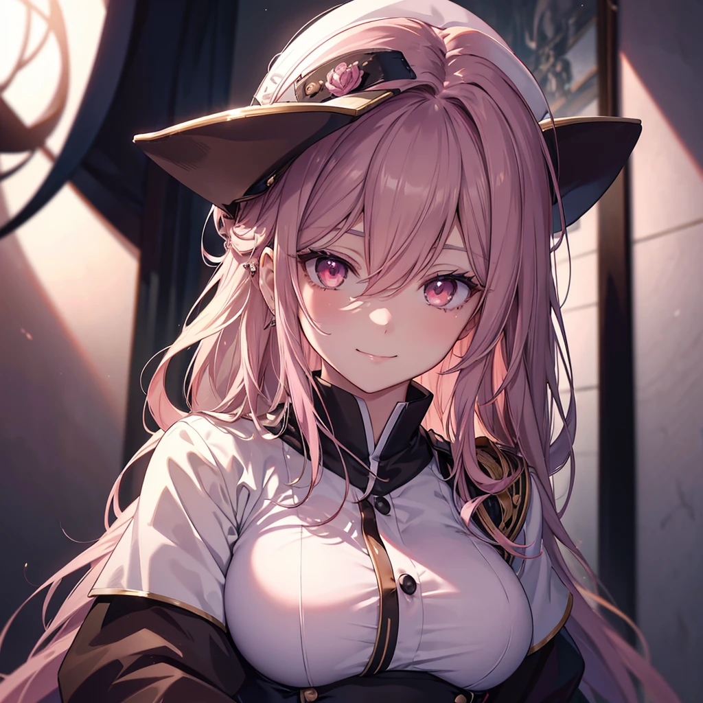 a beautiful detailed portrait of a shoulder length hair nurse aide, no hat, large breasts, in an anime style, high resolution, photorealistic, dramatic chiaroscuro lighting, intricate details, piercing gaze, ominous aura, beautiful brown eyes, sharp facial features, strong presence, pink eyes, smile,