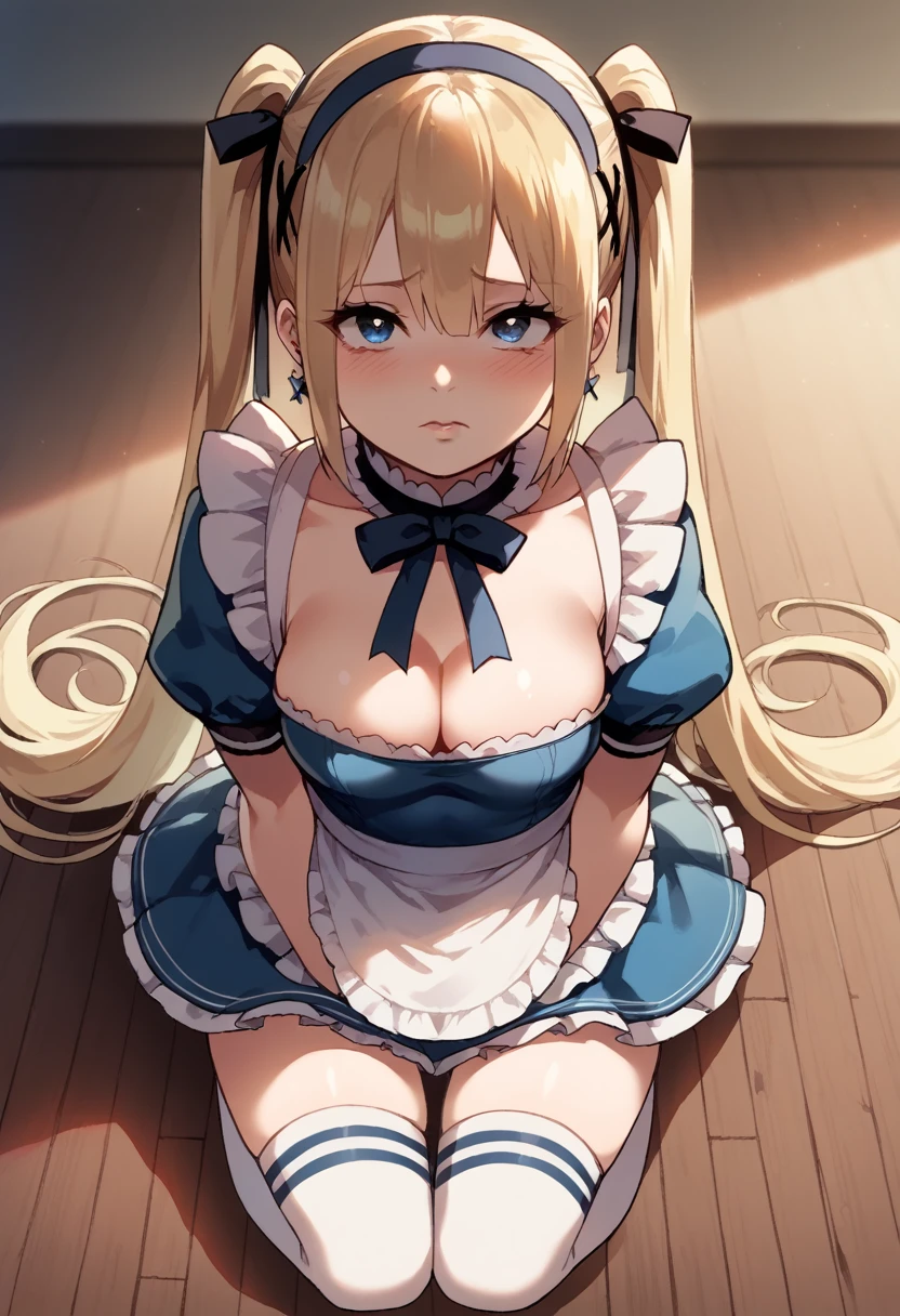 LONG HAIR, BLONDE HAIR, TWINTAILS, BLUE EYES, HAIRBAND, girl, JEWELRY, EARRINGS, 1girl, solo, masterpiece, illustration, game CG, absurdres, highly detailed, blush, kneeling, wood floor, maid, short puffy sleeves, cleavage, looking up at viewer, from above, thigh highs, Marie Rose