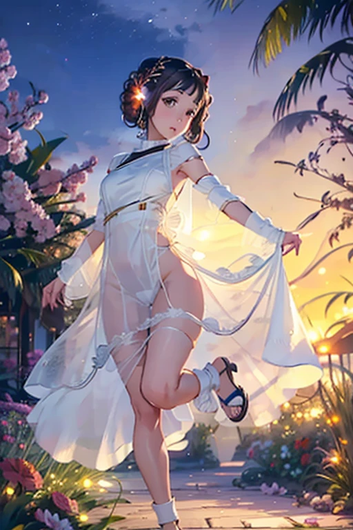 A cute Yuna (princess Leia cosplay, iconic hairdo, airy sheer white dress, no underwear, sandals) is strolling through an exotic flower garden, moonlit night