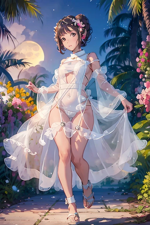A cute Yuna (princess Leia cosplay, iconic hairdo, airy sheer white dress, no underwear, sandals) is strolling through an exotic flower garden, moonlit night