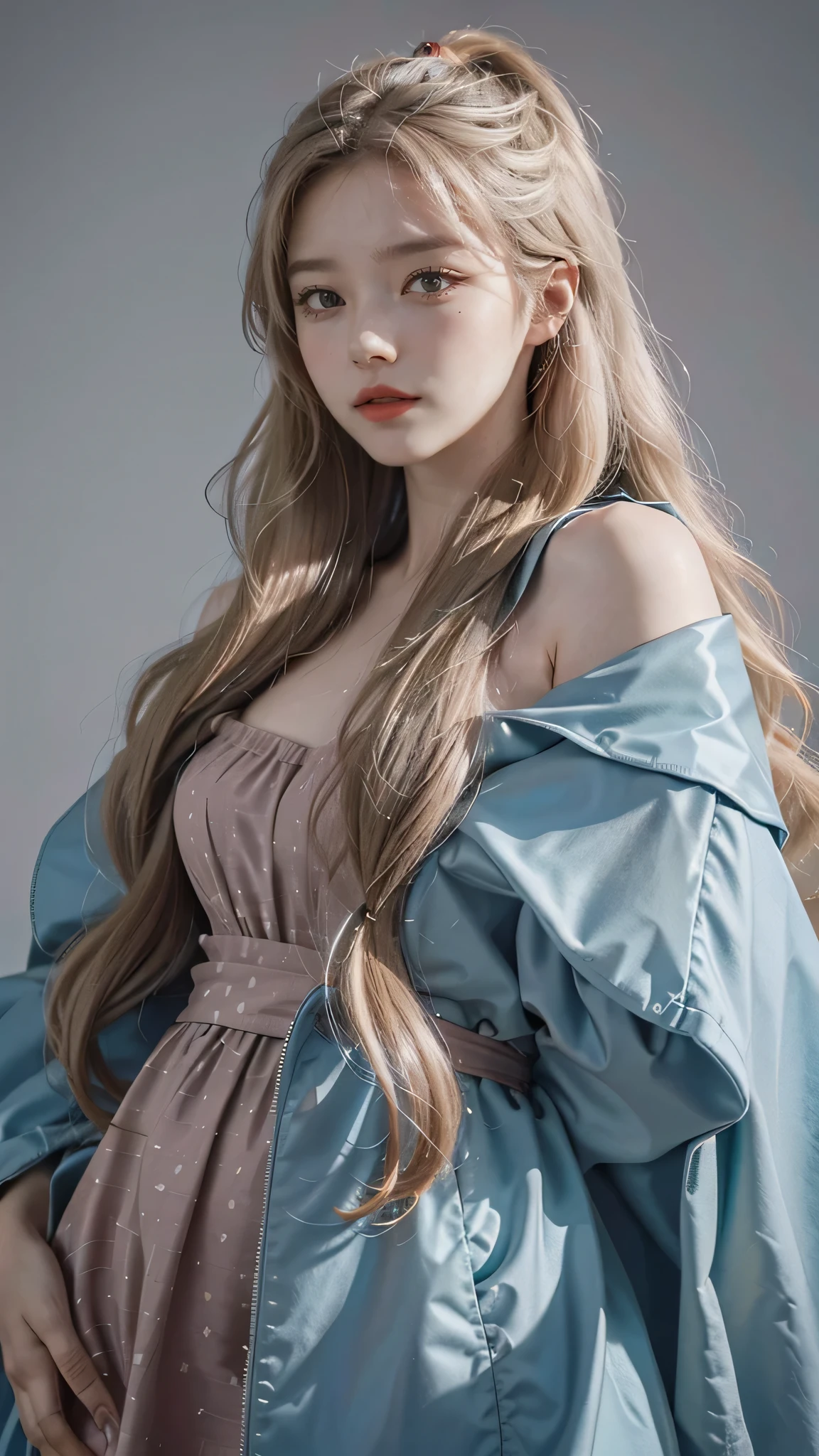 Girl wearing, luxury  cyan coat, shoulder length hair, wavy hair, glowing skin, star in eye, red lips, grey  background, cute poses , upper body, light blonde hair, full coat.