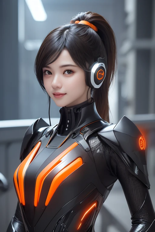 Top Quality, Masterpiece, Ultra High Resolution, (Photorealistic: 1.4), Raw Photo, 1 Girl, Black Hair, Glossy Skin, 1 Mechanical Girl, (((Ultra Realistic Details)), Portrait, Global Illumination, Shadows, Octane Rendering, 8K, Ultra Sharp, Intricate Ornaments Details, realistic skin, sweat effect, ((wearing Headphone)), very intricate detail, realistic light, CGSoation trend, brown eyes, glowing eyes, matte black and glossy orange mechanical bodysuit, Long hair, black hair, Ponytail hair, full body shot, spaceship bridge background, dynamic pose, smile, 