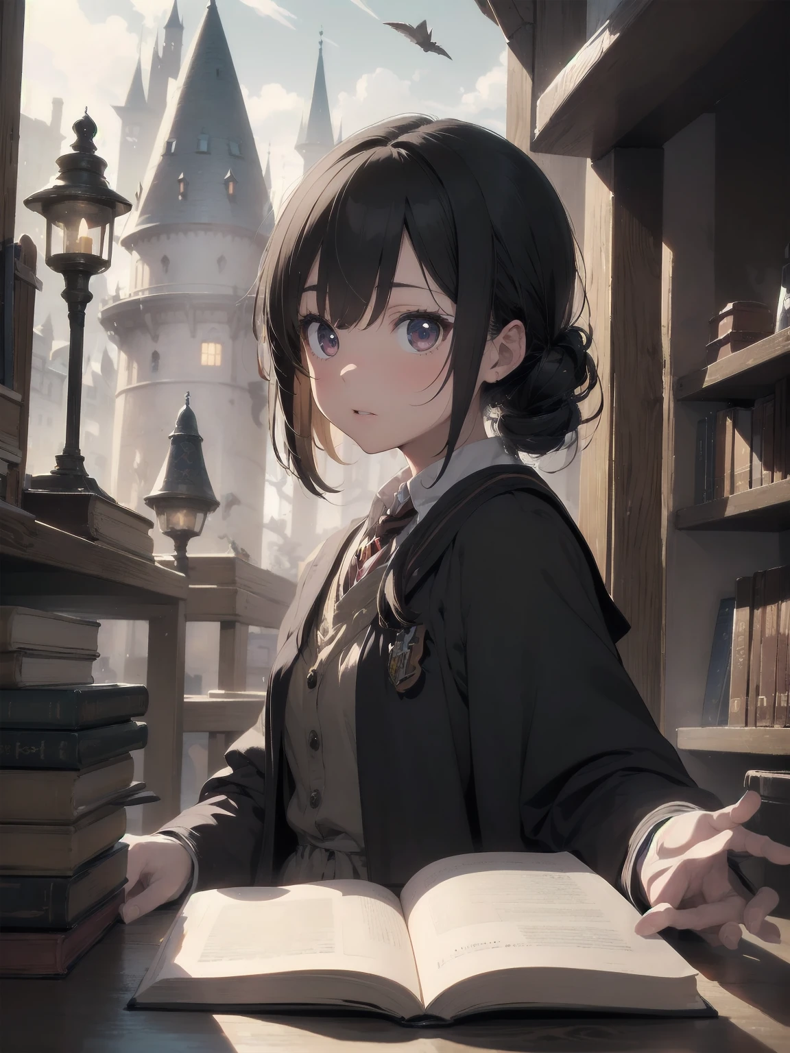 Masterpiece, Top Quality, Absurd, High Resolution, Subject Seismic, Animation Style Illustration with Mock Pause, 1 Girl, Solo, Cute random hairstyle, beautiful random expression and face, random age, slender, random clothing for situation,wizard robes, wand, magical castle, owl, spell book, (Hogwarts: 1.2), magic, wonder, (Harry Potter inspired: 1.3), mysterious atmosphere, details