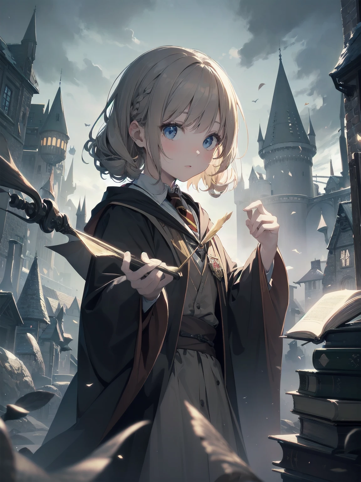 Masterpiece, Top Quality, Absurd, High Resolution, Subject Seismic, Animation Style Illustration with Mock Pause, 1 Girl, Solo, Cute random hairstyle, beautiful random expression and face, random age, slender, random clothing for situation,wizard robes, wand, magical castle, owl, spell book, (Hogwarts: 1.2), magic, wonder, (Harry Potter inspired: 1.3), mysterious atmosphere, details