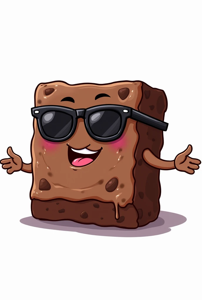 Transparent background drawing of a square-shaped piece of brownie with sunglasses, seductive smile, sexy and seductive and with open arms