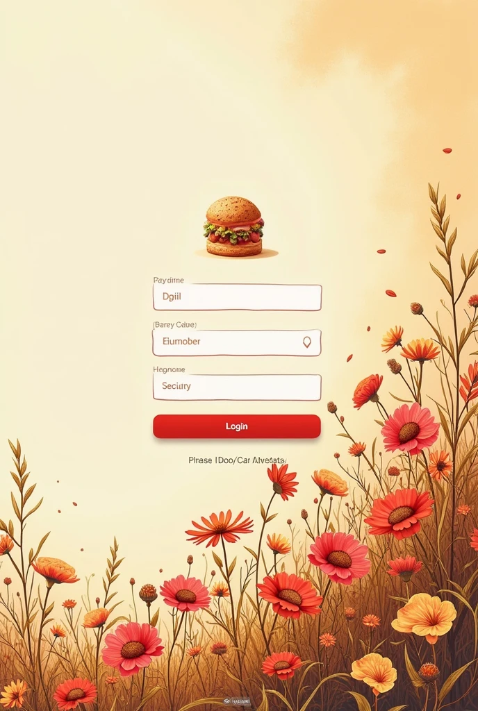 Create a background image for a login screen for a bakery website that refers to bread, wheat and cakes, that only has drawings on the left side, must be in 1440 x 1024 format, use red tones, Yellow and brown, the image must be lying down and the drawing must be of a flowerbed on the left side