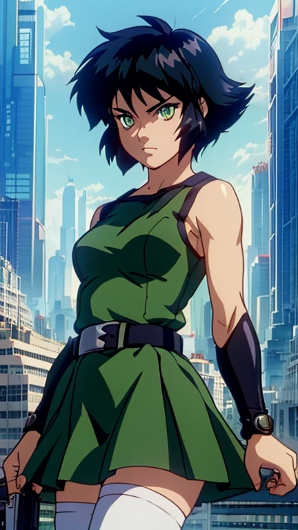 (Teens:1girl: Buttercup), (extremely detailed CG unit 8k wallpaper),(master part), (best quality), (ultra detail), (best illustration),(city-scene-aso), cowboy shot, (Sharp eyeliner, ombre, detailed eyes:1), cyberpunk city, outdoor, ,break , (Ghost In The Shell 1995), upper body, black hair, green eyes, short hair, messy hair, dress, green sleeveless dress, simple black belt, white thighhighs