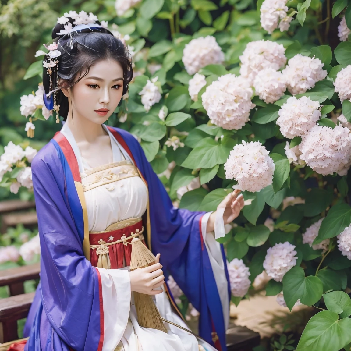 A beauty dressed in Tang Dynasty costume stands deep in the valley，Surrounded by dense forests and gorgeous flowers and plants。She looked peaceful.，The robe flutters in the wind，Presenting a picture of isolation、Quiet and elegant picture