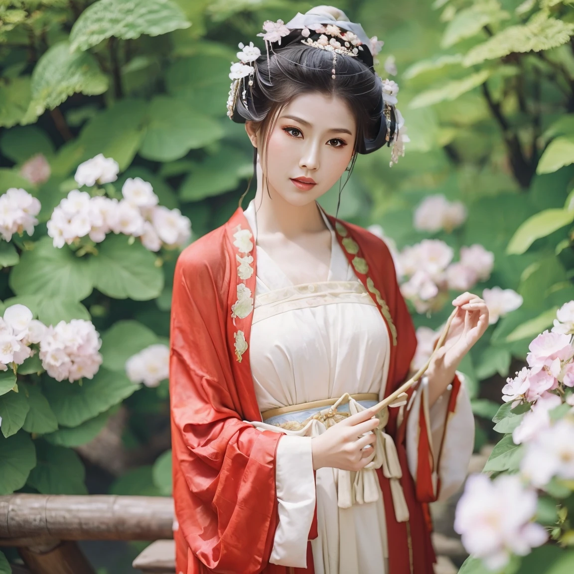 A beauty dressed in Tang Dynasty costume stands deep in the valley,Surrounded by dense forests and gorgeous flowers and plants。She looked peaceful.,The robe flutters in the wind,Presenting a picture of isolation、Quiet and elegant picture