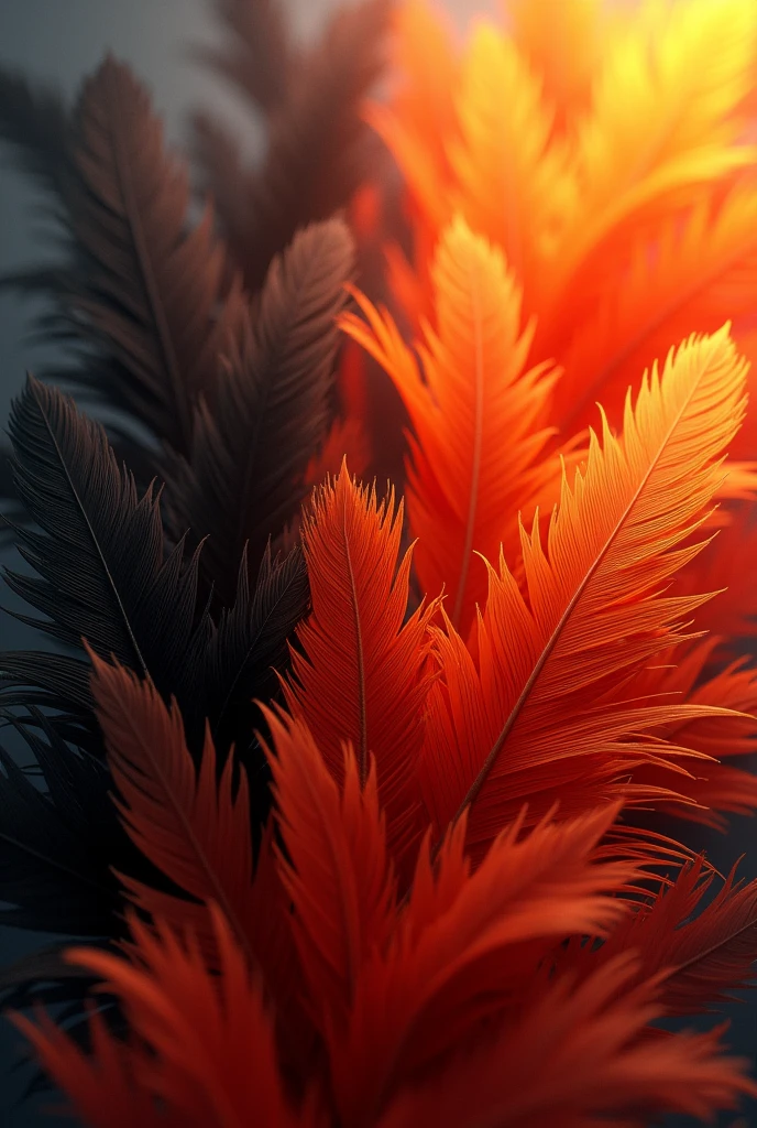 (photorealism:1.2), Create a plume-like texture with small and medium-sized phoenix feathers
, with gradients ranging from black to red, Orange and yellow