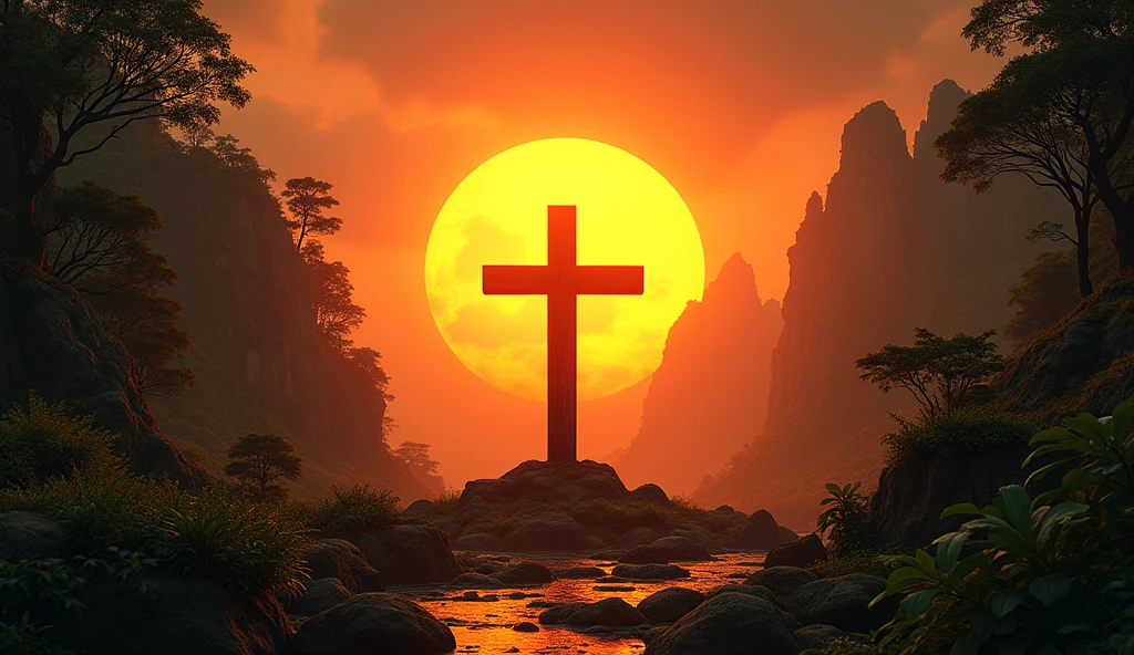 Generate images of South American and European nature, add dark tones to images, and a beautiful strong orange sun, focus on the sun in images with an air of hope and faith... size 16:9 thumbnail style, when you can, add a wooden cross to the background of the images. research before you start, and reflect.