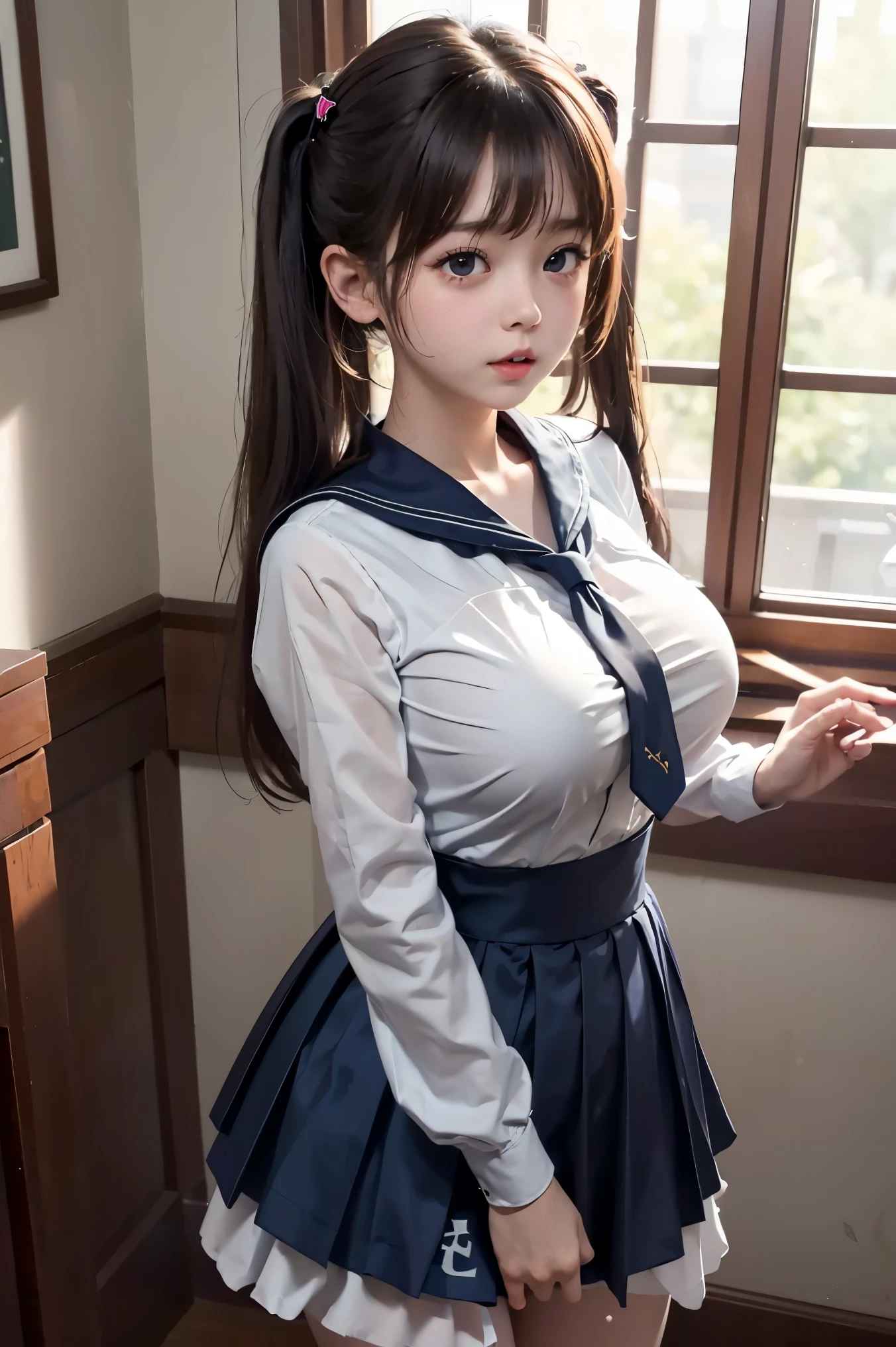 high school girl、beautiful girl、 face、Cute face、slender、((Blouse and panties))、The chest is heart-shaped、Bodysuit-style blouse、Thighs:1.9、Thighs are out、White knee-high socks、Thick-soled shoes、Long Hair、Big Breasts、Anime big breasts、Fabric sticks to breast mold、With milk bag、、High Cut 、Push against the wall、landscape、Big Breasts、Big Breasts、(((Underbust)))、(tight)、Looking at the audience、(Sailor suit)、(highest quality:1.2)、Absurd、Intricate details、(Very detailedな肌:1.2)、whole body、Portrait、RAW Photos、highest quality、masterpiece、超A high resolution、(Photorealistic:1.4)、Octane Rendering、8K quality、Super sharp、Intricate decorative details、Extremely detailed、whole bodyエズビアン、Low angle、high resolution、Very detailed、Beautiful fingers、Anatomically correct、whole bodyで、Lolita、Facing forward、Twin tails、Bun Head