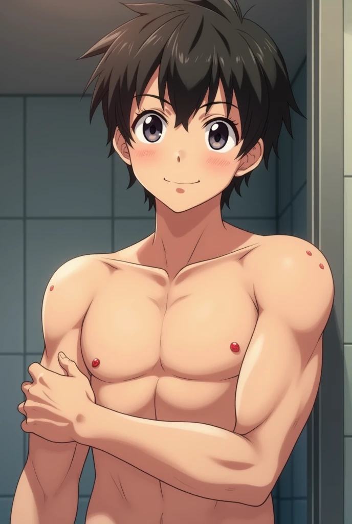 high quality, (japanese  boy is fucking teen from behind:1.5), (detailed eyes), (black short hair), (muscle:1.5), naked, (dark wet skin), (detailed puffy nipples), nipple ring pierces, (penis), cumshot, (ahegao smirk:1.5), looking at viewer, (orgasm:1.5),