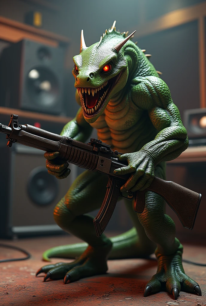 Reptilian demon with two aka 47 in a music studio