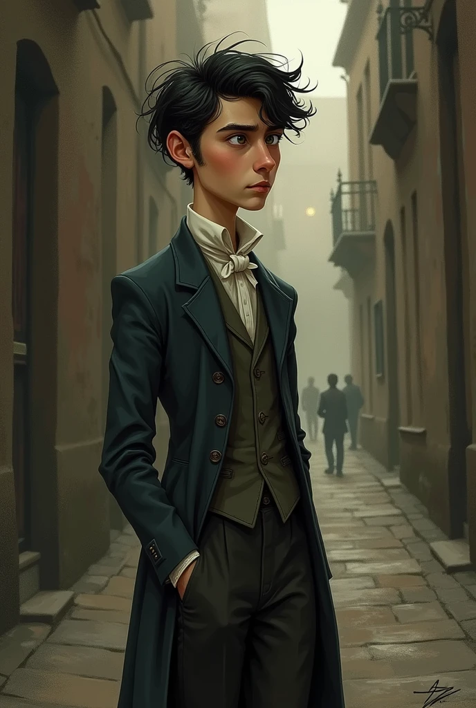 Make a young adult male wearing typical 19th century French clothing with an expression that reflects curiosity and seriousness in the style of Tim Burton and 2D
