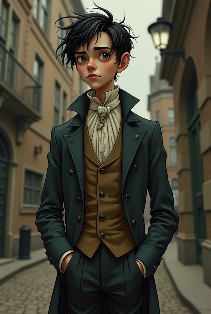 Make a young adult male wearing typical 19th century French clothing with an expression that reflects curiosity and seriousness in the style of Tim Burton and 2D