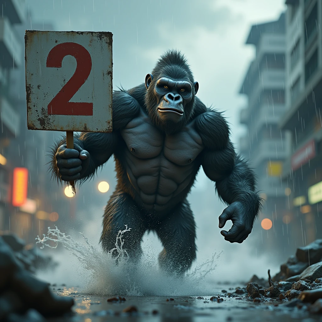 3D Animation、Gorilla holding a number 2 sign、Running in a typhoon、Calling for help