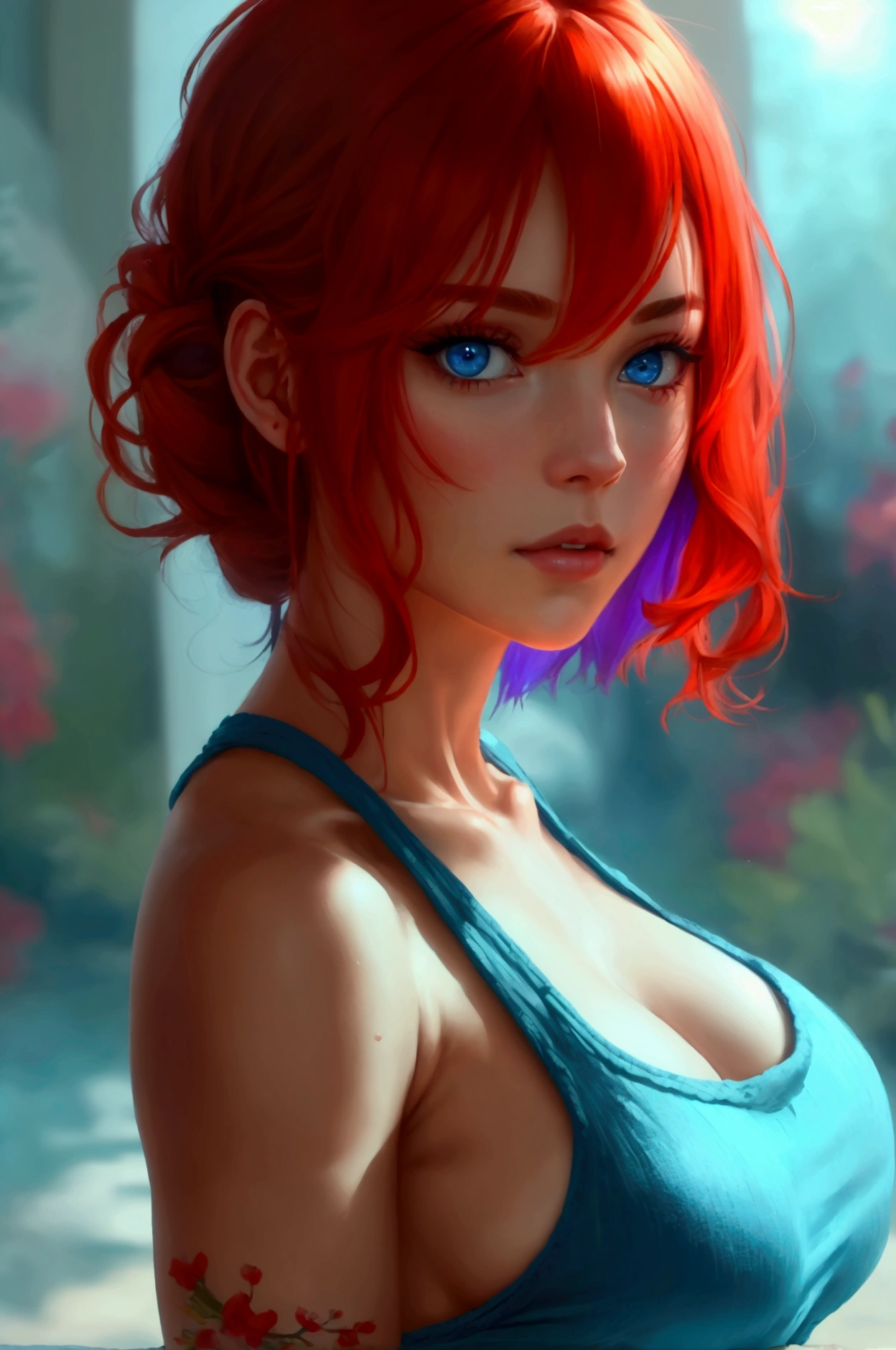 ((highest quality, 8k, masterpiece :1.3)), One girl, Beautiful woman with slim abdominal muscles :1.3, (Random Hairstyles :1.2), Oversized tank top :1.2, Highly detailed face, Fine grain, double eyelid, Underarm.Miss, Large Breasts, Red hair, blue eyes, Transparent sweater, Small chin