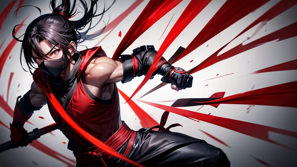 A red aura ninja practicing his attacks on a dummy bag, Black background