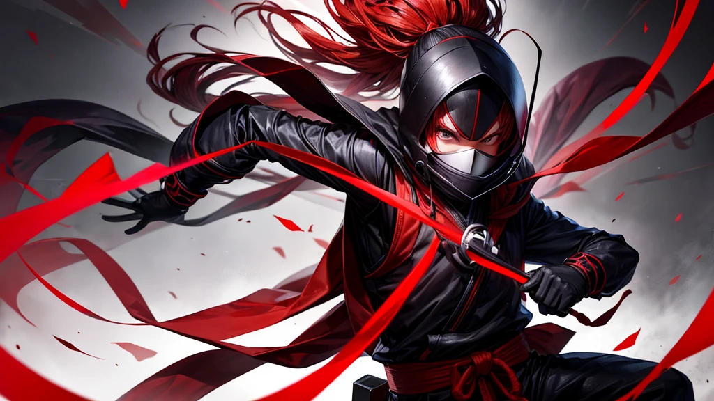 A red aura ninja practicing his attacks on a dummy bag, Black background