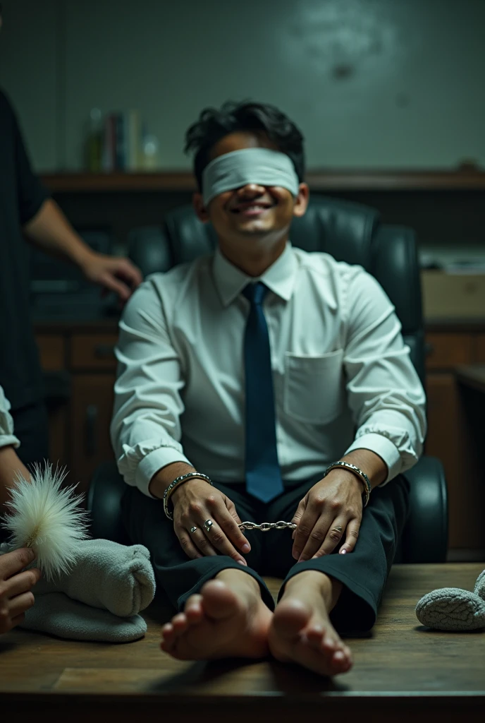 Malaysia malay handsome 19 years student
He laugh very hard
His hand handcuff in abondon warehouse
Blindfolded
handcuff
Formal Work Outfit
Focus Sweaty hot feet on desk
feather duster on desk
2 man holding his socks and shoes