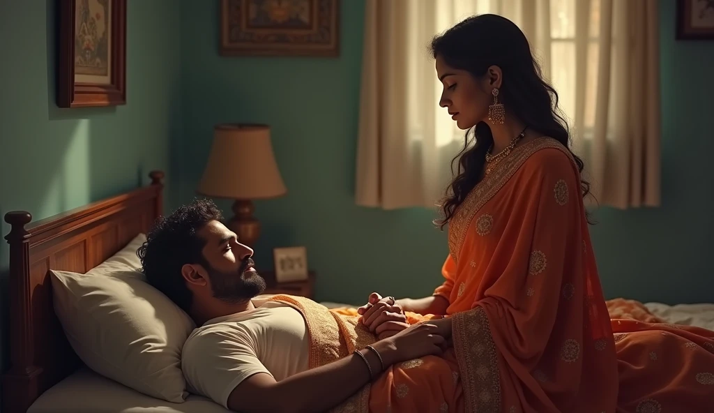 "An Indian man is lying in bed, while his wife, dressed in a saree, stands beside him."