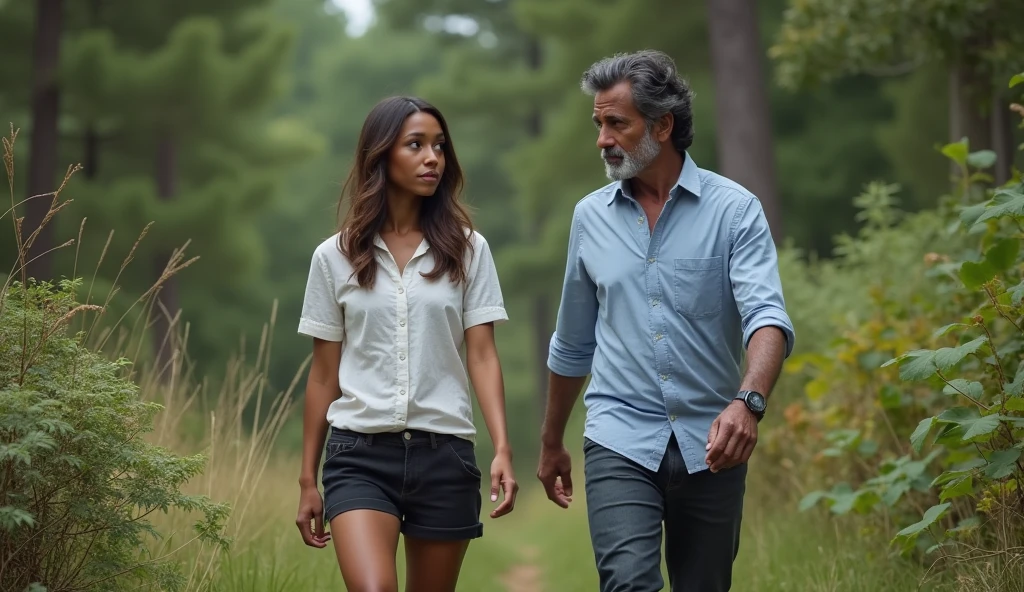 the best photo, the most realistic ,Clareza 4K, Woman , brown hair with shoulder length,age 25 ,White cotton shirt with black shorts, Delicate face, shoulder-length hair, ebony skin , .a Woman esta distraída (Woman não esta olhando para a foto ) ,homem e a Woman estão indo pro mato, and in the background there is a forest with bushes. 1 French man, aged 50, fatter ,Bblack hair , with gray beard, wearing a light blue dress shirt, black boot, and dark jeans