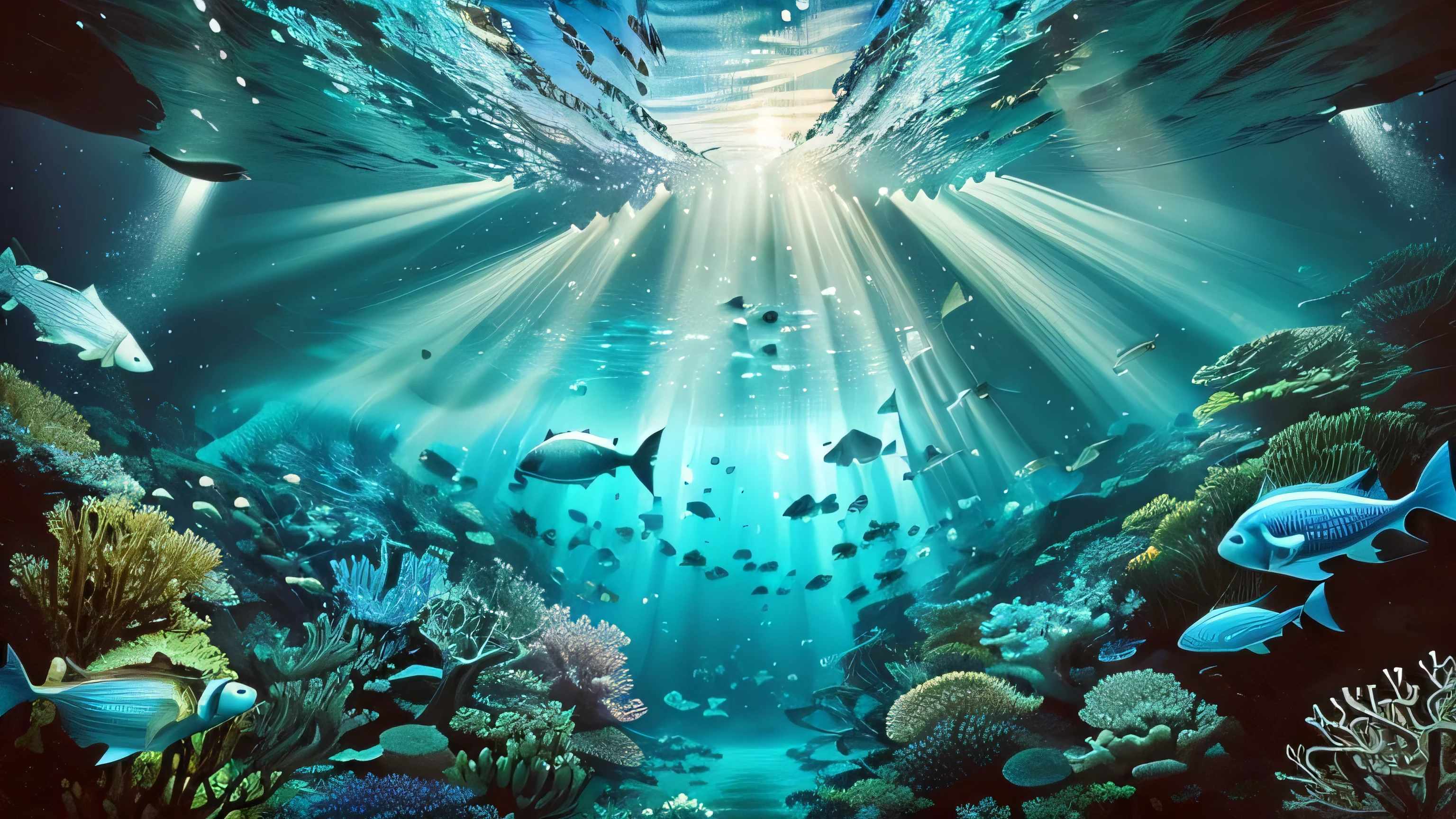 there are many fish swimming together in the ocean, underwater light rays, underwater ocean, underwater scenery, underwater landscape, deep underwater scene, underwater scene, underwater scenery, under'water with corals and fish, undersea environment, underwater perspective, Rays of the sun shine through the water, incredible depth, underwater view, underwater environment, incredible depth, undersea, deep sea landscape