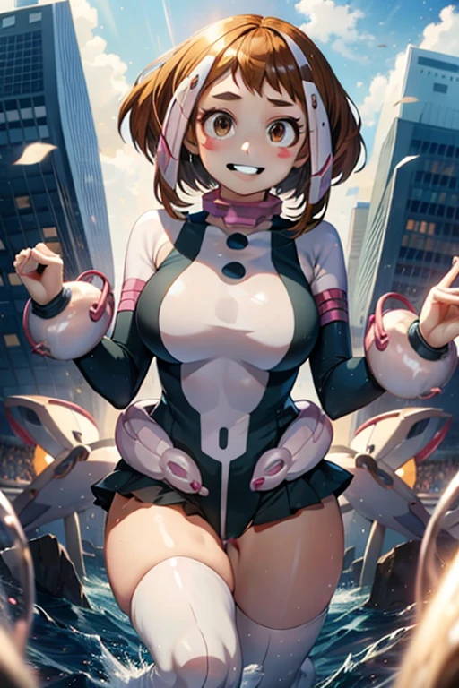 Ochaco Uraraka  ,1 girl , cheered up , masterpiece  ,  cocky smile ,short hair, hero uniforme  leotard fio-dental sexy , thighs ,Uravidez  , huge breasts and giant buttocks, thighs , city at night, sexy 