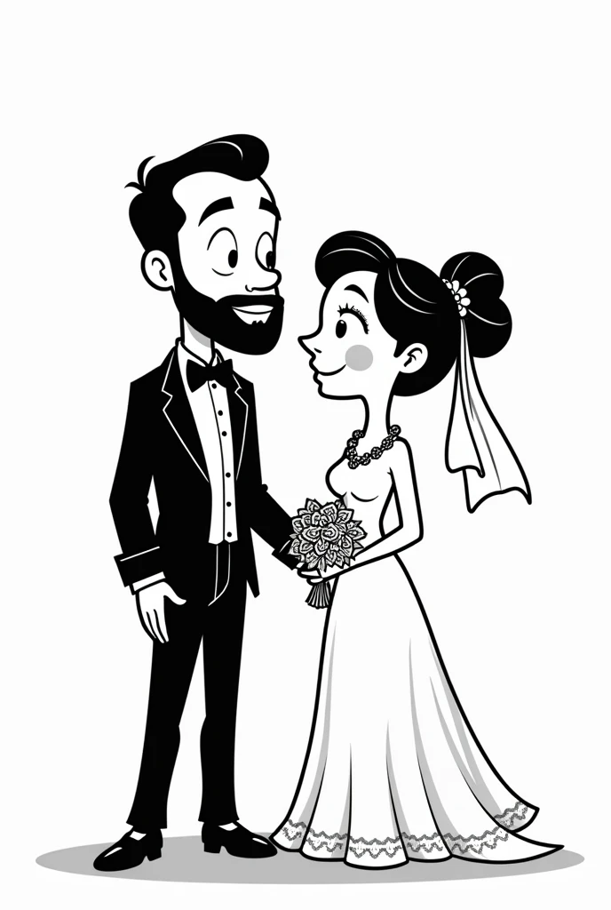 A black and white cartoon of a handsome bald and bearded groom and his bride