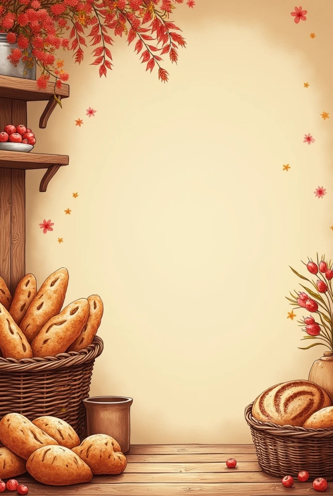 Create a background image for a bakery that is reminiscent of bread, wheat and cakes, that only has drawings on the left side, must be in size 1440 x 1024, use red tones, Yellow and brown, the image must be lying down and the drawing must be of a flowerbed on the left side