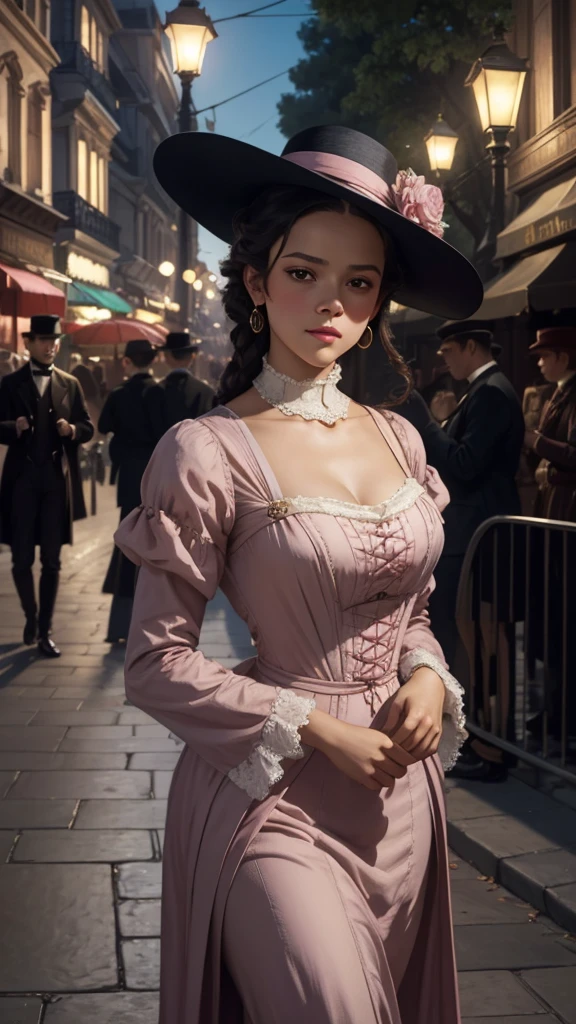 Painting , beautiful portrait, close-up, high resolution, 8k,Jenna Ortega in a pink dress and hat walking down a street, walking at night.by the , street lamps at night Art by Edouard Bisson, ( (Konstantin Razumov ) ), Konstantin Razumov, by Herbert James Gunn, Victorian lady, a beautiful Victorian woman, Victorian fantasy art, Herbert James Draper,  dressed in Victorian clothes, Vittorio Matteo Corcos, beautiful character painting