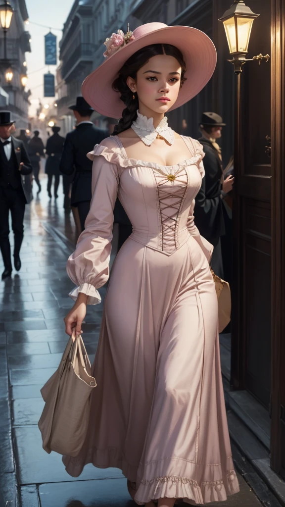 Painting, beautiful portrait, close-up, high resolution,8k,of a woman in a pink dress and hat walking down a street, Art by Edouard Bisson, ((Konstantin Razumov)), Konstantin Razumov, by Herbert James Gunn, Victorian lady, a beautiful Victorian woman, Victorian fantasy art, Herbert James Draper, dressed in Victorian clothes, Vittorio Matteo Corcos, beautiful character painting