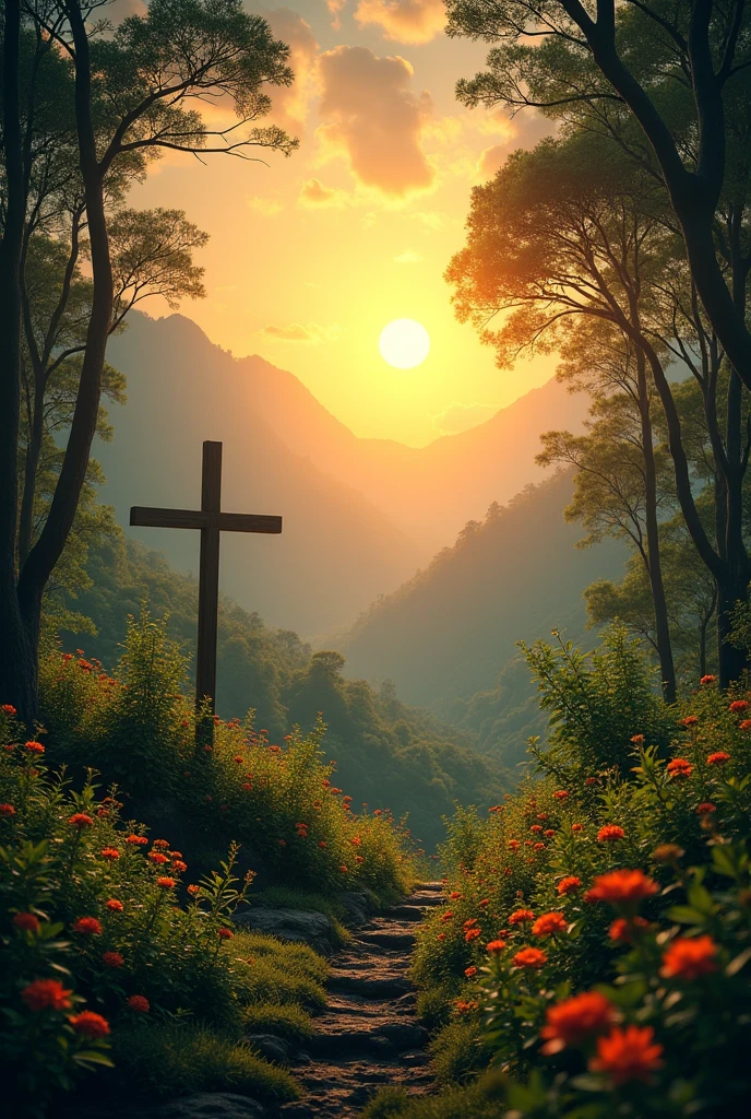 Generate images of South American and European nature, add dark tones to images, and a beautiful strong orange sun, focus on vegetation and faith in images with an air of hope and faith... size 16:9 thumbnail style, when you can, add a wooden cross to the background of the images. research before you start, and reflect.