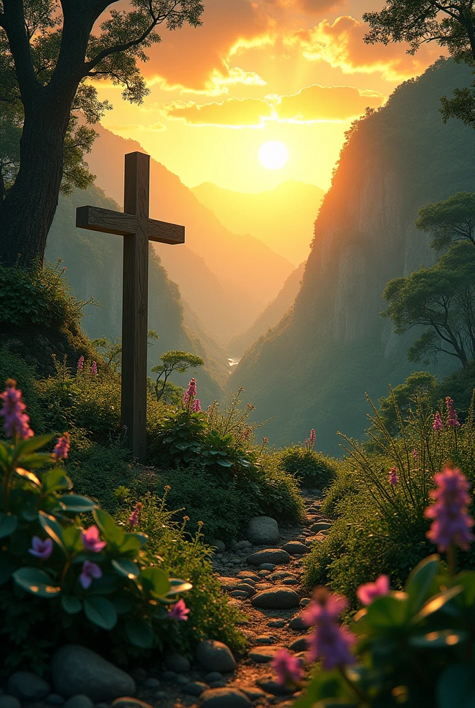 Generate images of South American and European nature, add dark tones to images, and a beautiful strong orange sun, focus on vegetation and faith in images with an air of hope and faith... size 16:9 thumbnail style, when you can, add a wooden cross to the background of the images. research before you start, and reflect.