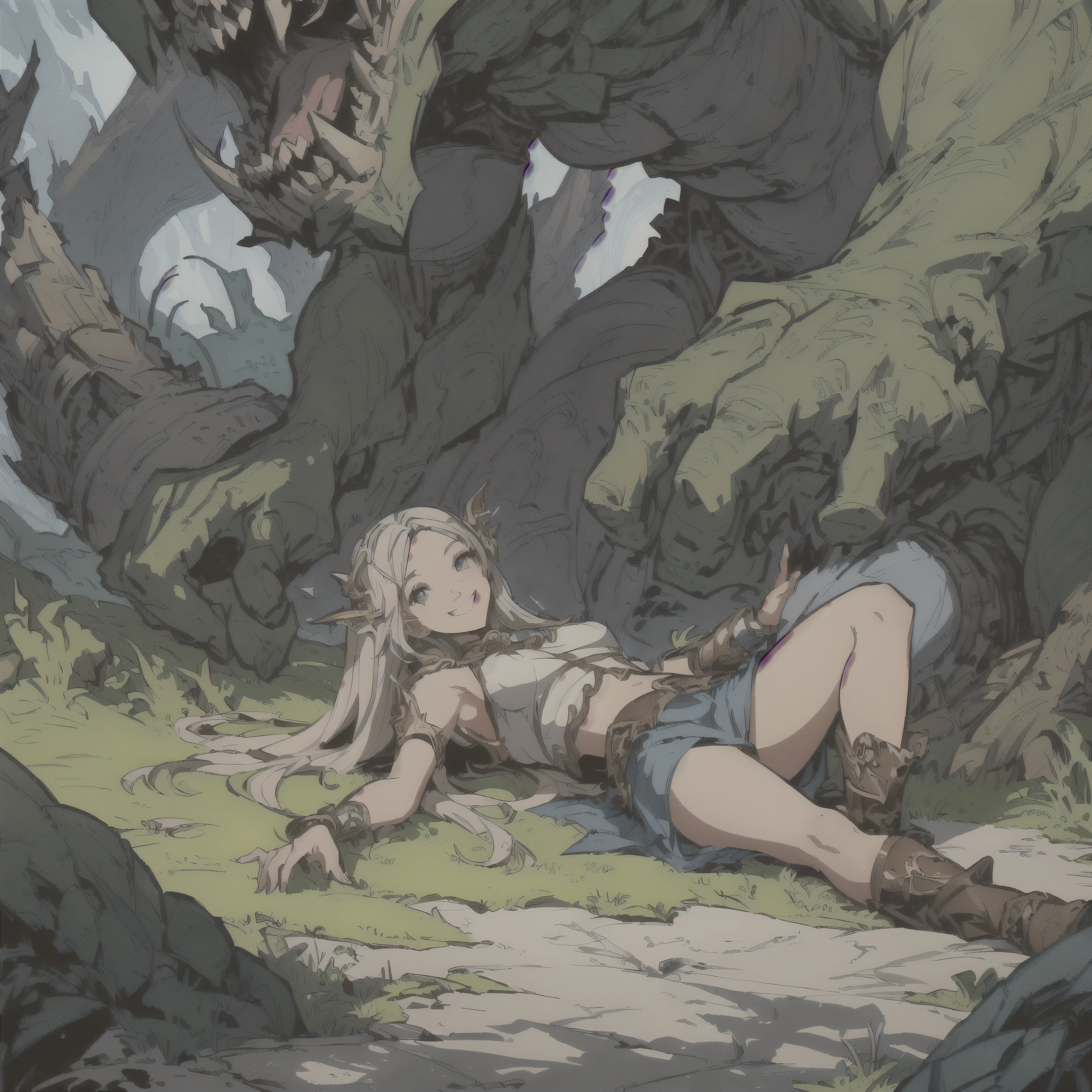 Close-up of a woman lying on the ground near a giant monster, epic Full color illustrations, Full color illustrations, Fantasy RPG book illustration, detailed Digital 2D Fantasy Art, Fantasy graphic novel style, RPG Artwork, Fantasy cartoon style, RPG illustration, Digital 2D Fantasy Art, RPG Art, Detailed fantasy illustrations, Anime fantasy illustration, Detailed game art illustrations, (( smile)),