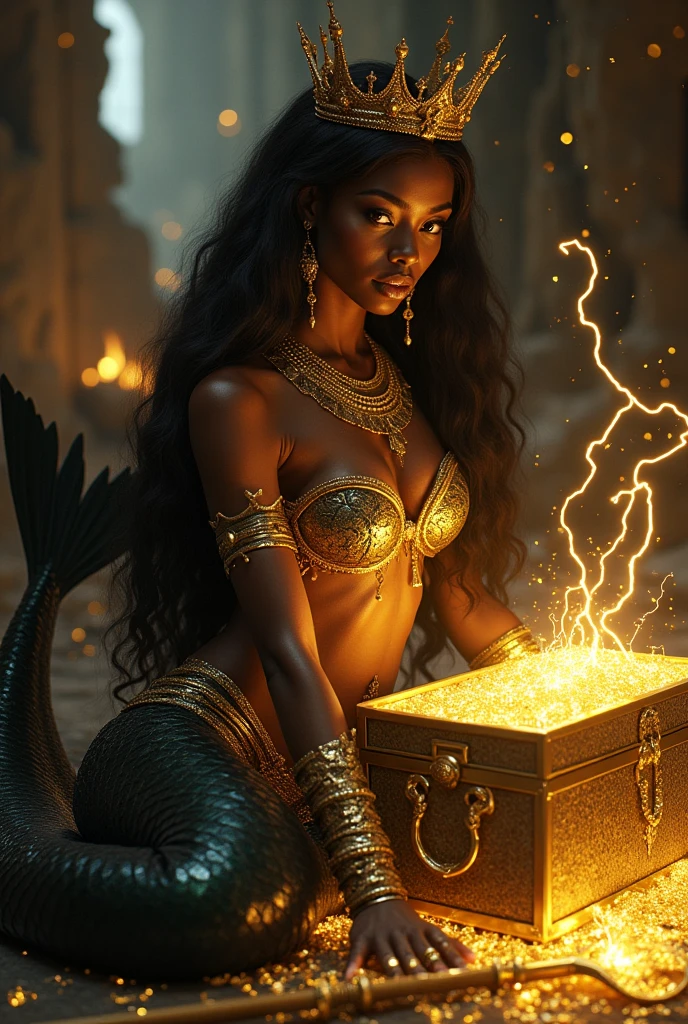 Black woman. Mermaid. Black tail. Upper Body encrusted in gold. Golden eyes. Sultry look. Lays in a dark lair. Long black hair that reaches her feet. Golden crown on head that reaches her forehead. Long golden earrings. Full Finger Chinese style gold rings. Staring at a gold chest glittering. Golden staff on the floor cracking. Filled with golden lightening. Ultra high quality.