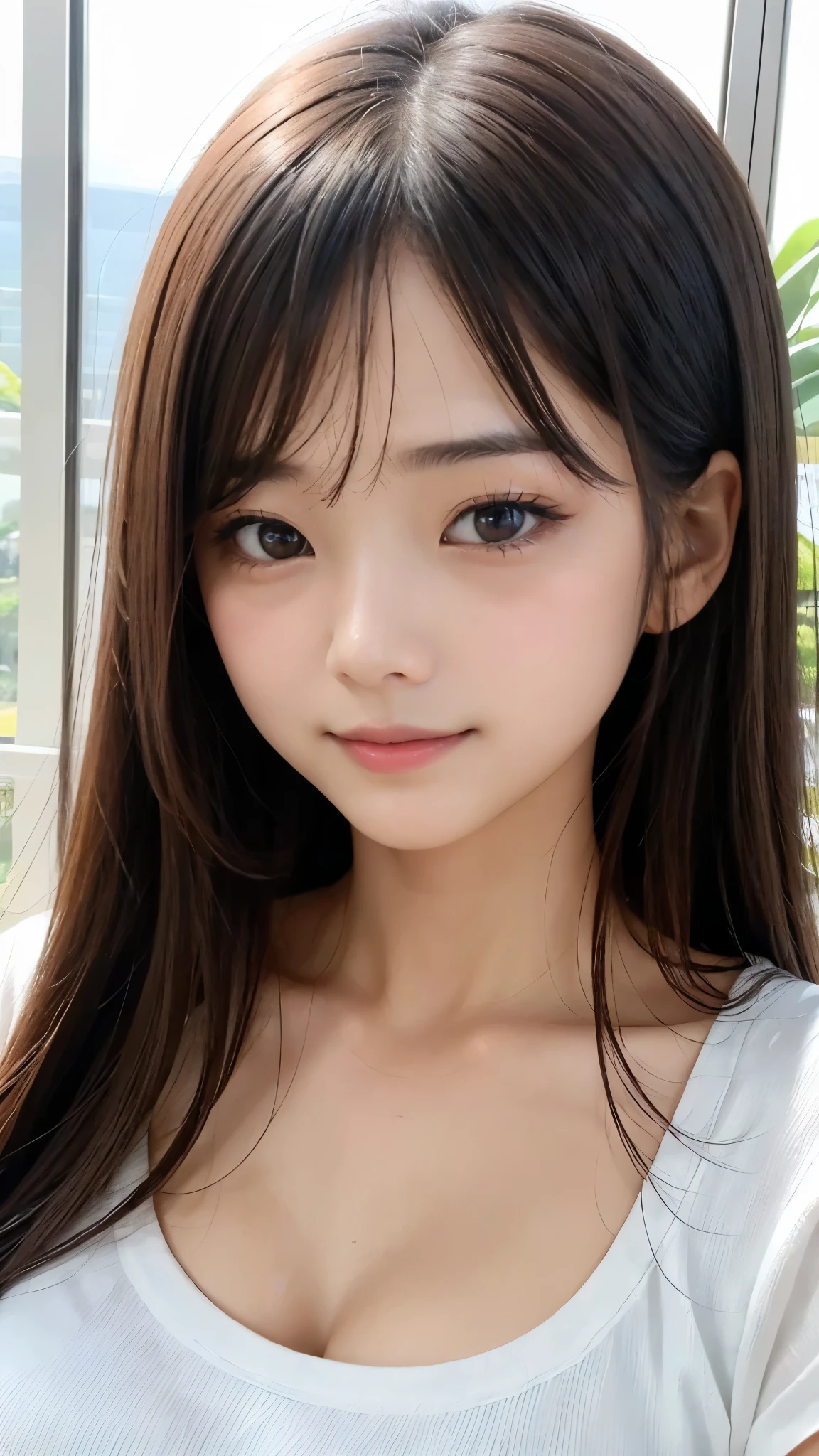 (beautiful girl、1、)、((ID photo of upper body:1.2))、Beautiful Face、Beautiful symmetrical eyes、high nose、Moisturizing lips、((Part your bangs to show your forehead:1.2))、Long eyelashes、double eyelid、(Small beautiful breasts:1.2、Cleavage)、light makeup、(Highest quality、Masterpiece、Ultra high definition、Highest quality、Reality:1.37)、(View the viewer:1.2)