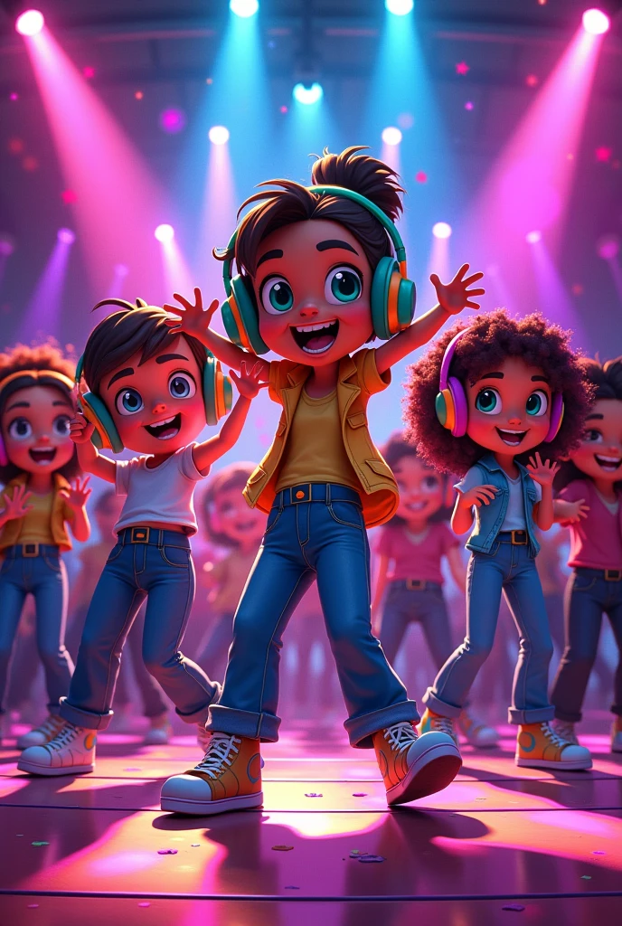 cartoon image of all the characters intensely, with headphones, and a dance floor background