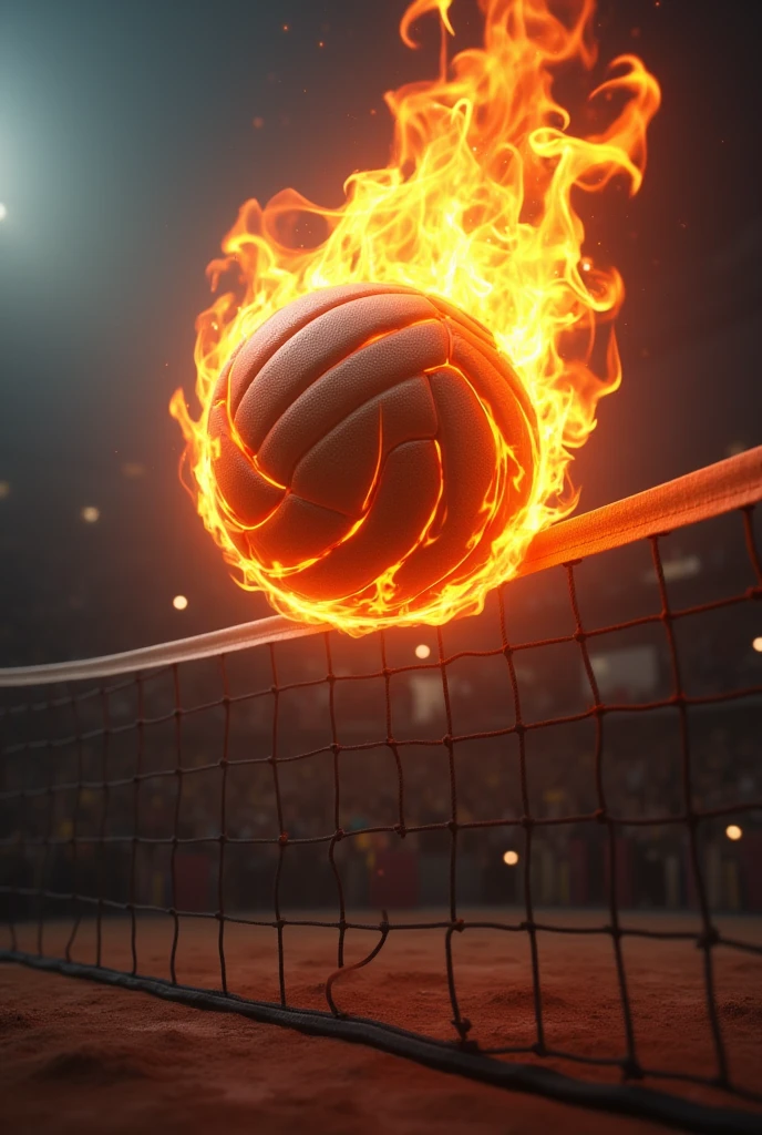 a volleyball on fire above the net