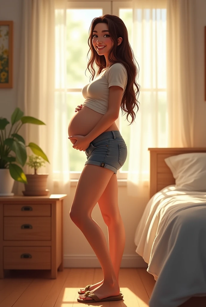 ((best qualityer)) ((realisitic)) ((detailded)) A 20 year old in her room, long hair, body skinny, Bullish, She is pregnant and has a happy facial expression, smile on her face and wears a short blouse, a neat pair of shorts and sandals.