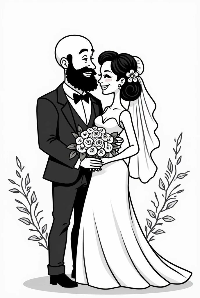 A black and white cartoon of a handsome and strong bald and bearded handsome groom and his bride