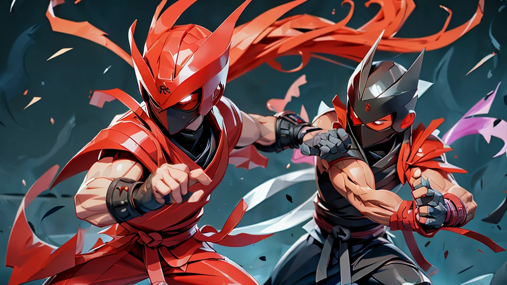 A red aura ninja practicing his attacks on a dummy, Black background