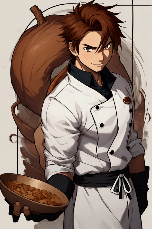 Create a logo with the image of a man with the characteristics of an anime protagonist. He must have a strong air smiling, with striking features that convey determination and confidence. Hair should be short and brown, with a style that complements the character&#39;s resolute expression. The background can be simple or stylized to highlight the character., ensuring that the main focus is on him. The logo must combine elements of strength and seriousness, reflecting the protagonist&#39;s powerful and charismatic personality. work of art, best qualityer, illustration, 1 , standing alone, male focus, looking ahead at viewer, trunk, Depth of field, , , Tadashi_cooking, chestnut hair, eyes browns.
