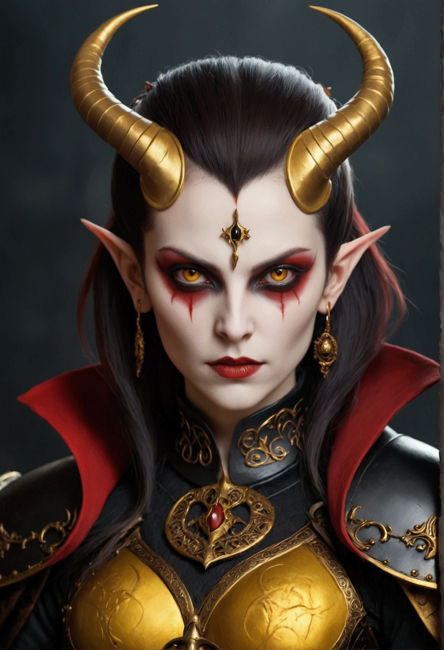 vampire woman of Clan Tzimisce one eye red and other yellow with curved horns on head with dark circles below the eyes wearing berseker black armor