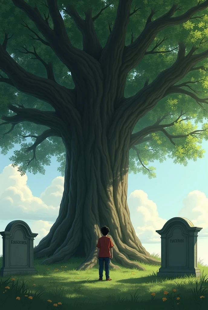 visiting his father and mother's grave which is in front of a tree