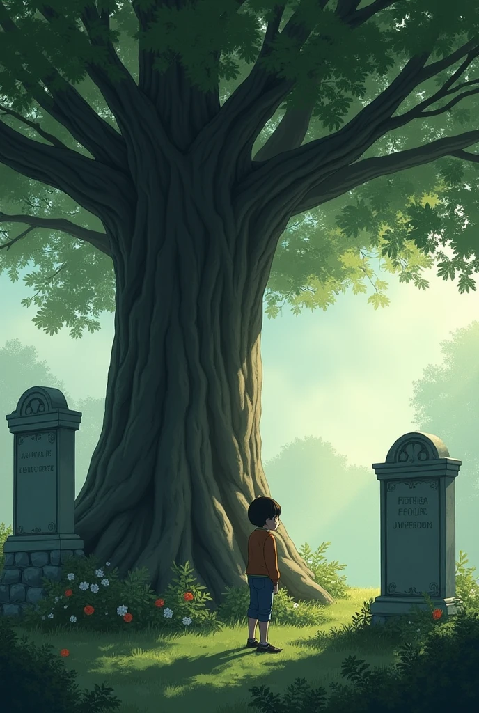 visiting his father and mother's grave which is in front of a tree
